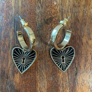Gold hoop earrings dangly heart lock
